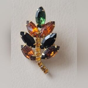 Multicolor Leaf Crystal Brooch - Gold Tone Women Jewelry